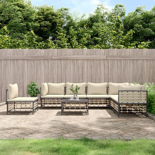 8-Tlg. Garten-Lounge-Set Mit Kissen Anthrazit Poly Rattan Beige 3x Eckteil + 4x Mittelteil + Tisch - Fuer Daheim