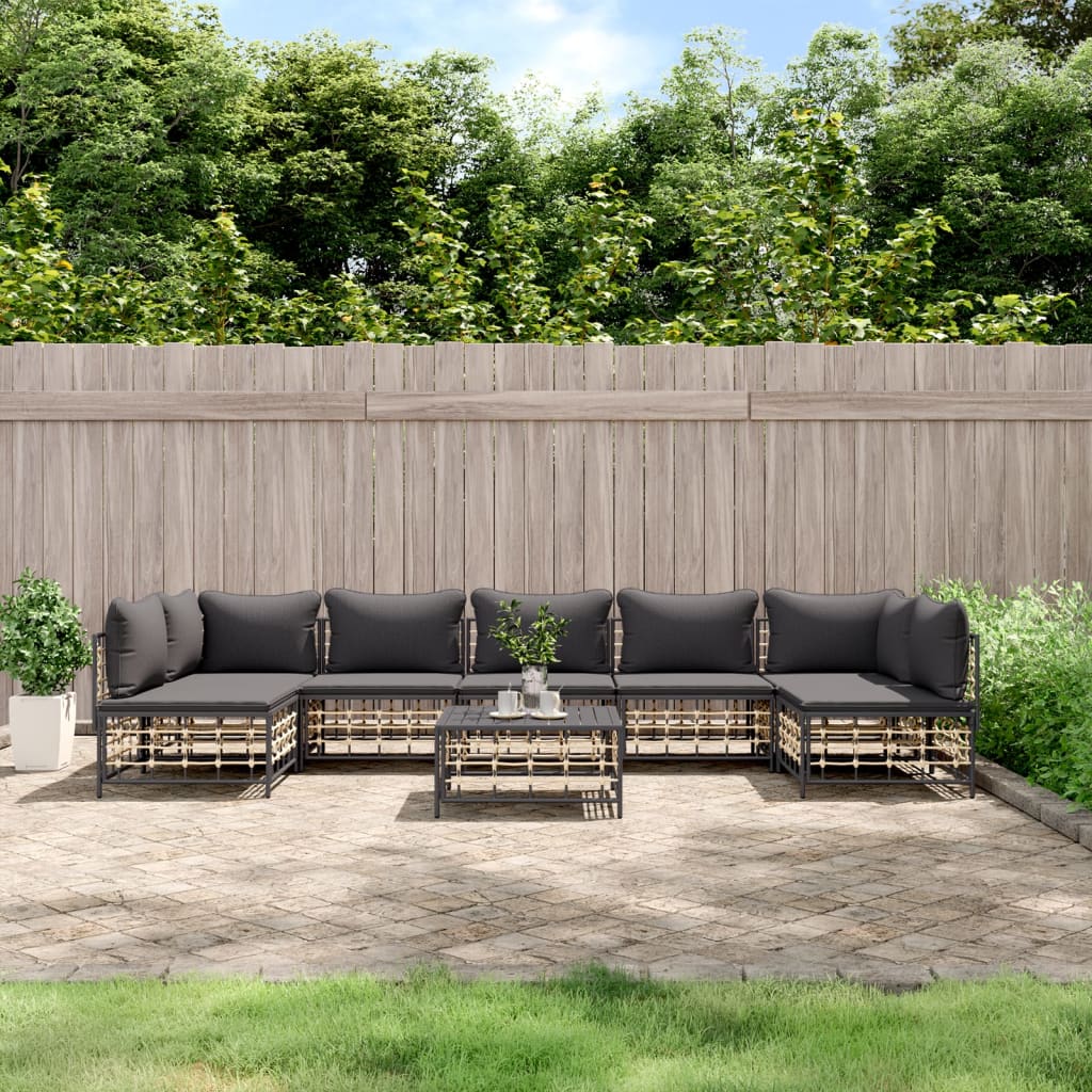 8-Tlg. Garten-Lounge-Set Mit Kissen Anthrazit Poly Rattan Dunkelgrau 2x Eckteil + 5x Mittelteil + Tisch - Fuer Daheim