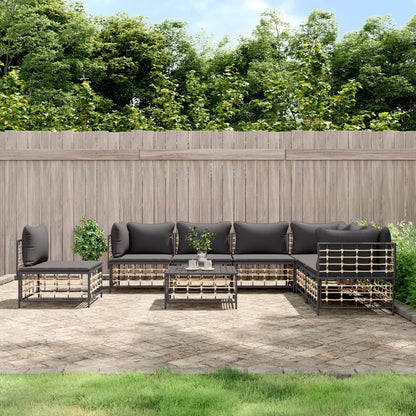 8-Tlg. Garten-Lounge-Set Mit Kissen Anthrazit Poly Rattan Dunkelgrau 3x Eckteil + 4x Mittelteil + Tisch - Fuer Daheim