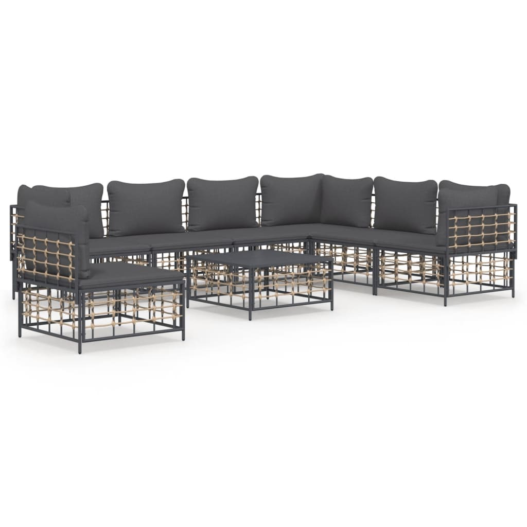 8-Tlg. Garten-Lounge-Set Mit Kissen Anthrazit Poly Rattan Dunkelgrau 3x Eckteil + 4x Mittelteil + Tisch - Fuer Daheim