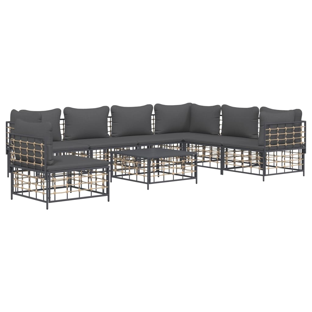 8-Tlg. Garten-Lounge-Set Mit Kissen Anthrazit Poly Rattan Dunkelgrau 3x Eckteil + 4x Mittelteil + Tisch - Fuer Daheim