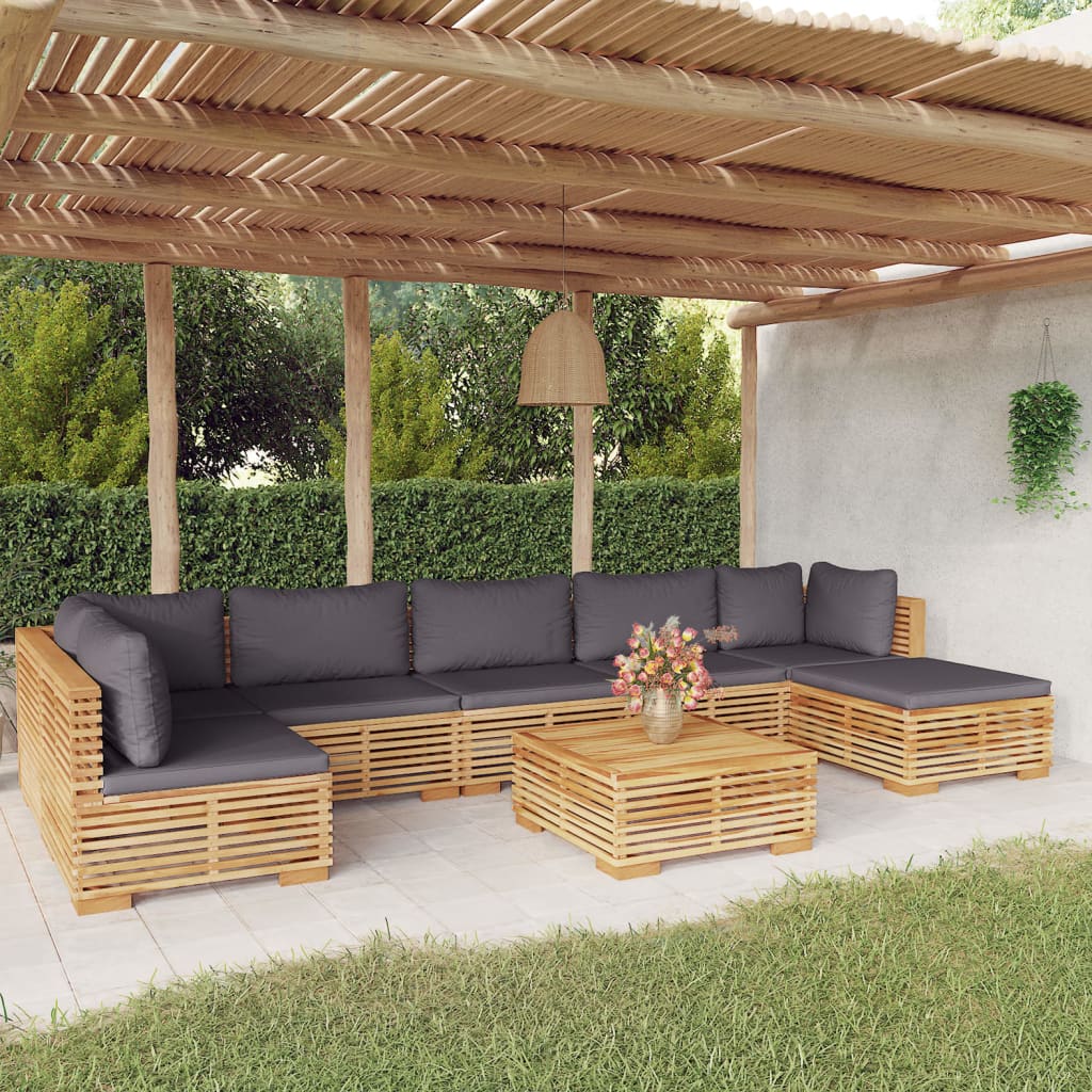 8-Tlg. Garten-Lounge-Set Mit Kissen Massivholz Teak Dunkelgrau 2x Eckteil + 4x Mittelteil + 2x Fußstütze - Fuer Daheim