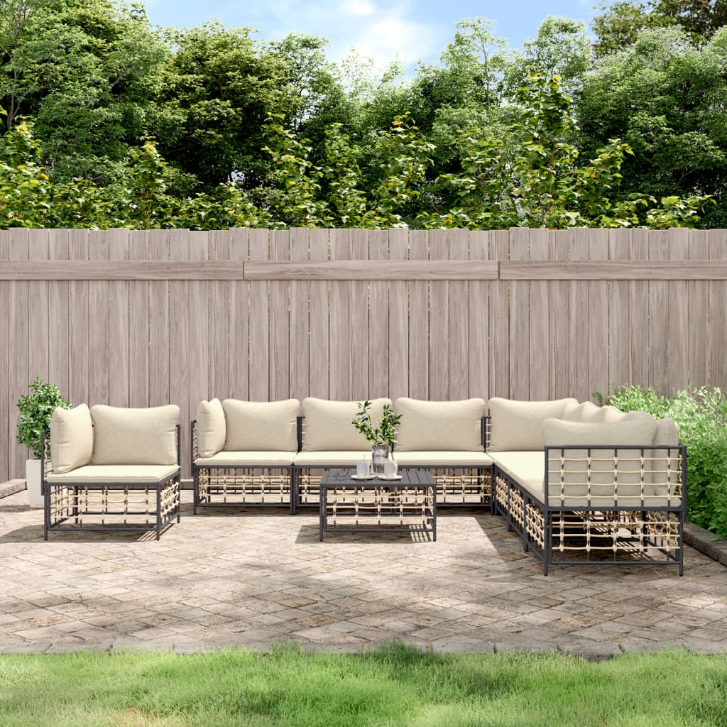 9-Tlg. Garten-Lounge-Set Mit Kissen Anthrazit Poly Rattan Beige - Fuer Daheim