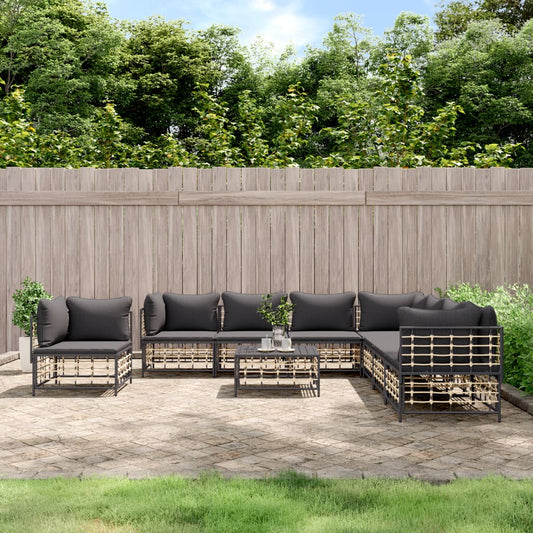 9-Tlg. Garten-Lounge-Set Mit Kissen Anthrazit Poly Rattan Dunkelgrau - Fuer Daheim