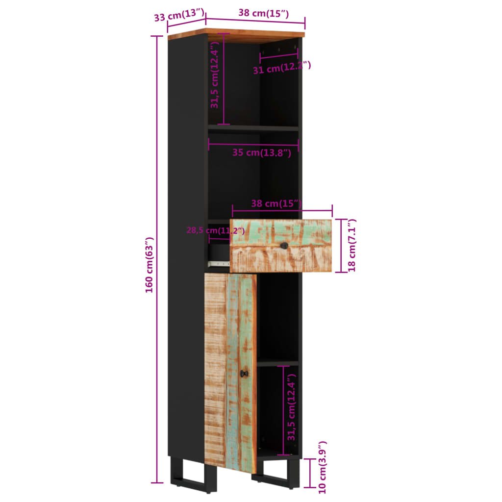 Badschrank 38X33X160 Cm Altholz Massivholz Mehrfarbig - Fuer Daheim