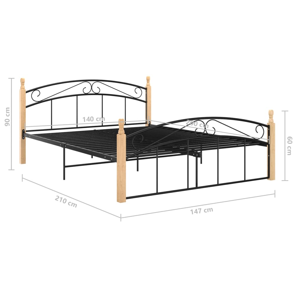 Bettgestell Schwarz Metall Und Massivholz Eiche 140X200 Cm Hellbraun 140 x 200 cm - Fuer Daheim