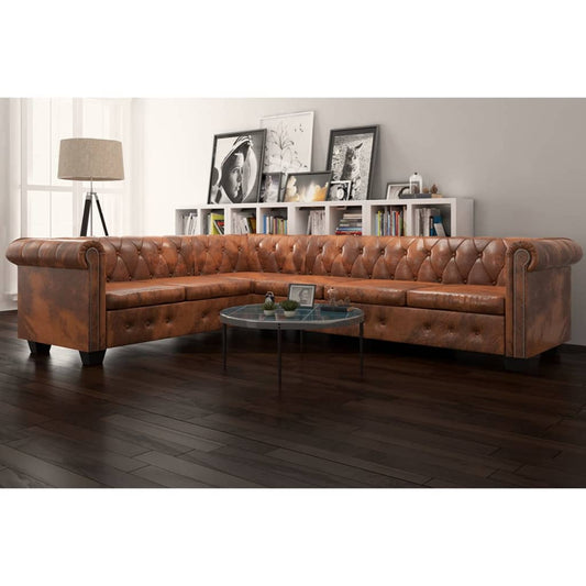 Chesterfield Ecksofa 6-Sitzer Kunstleder Braun - Fuer Daheim