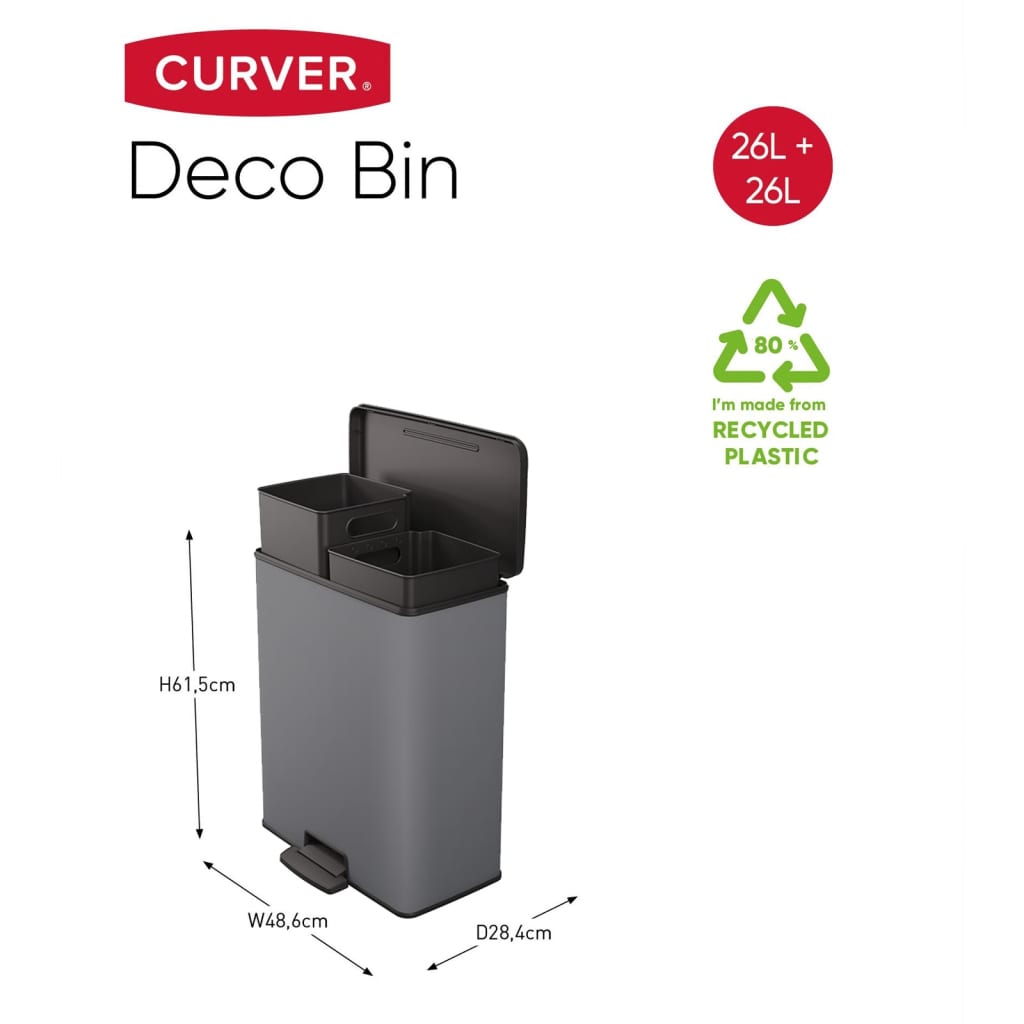 Curver Duo Tretmülleimer Deco 26L+26L Grau 26 l + 26 l - Fuer Daheim