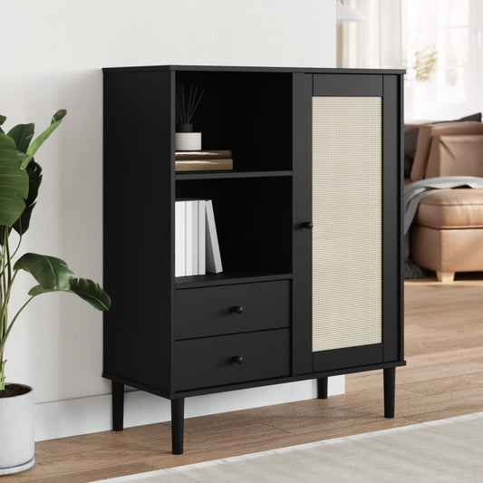 Highboard Senja Rattan-Optik Schwarz 90X40X112 Cm Kiefernholz - Fuer Daheim