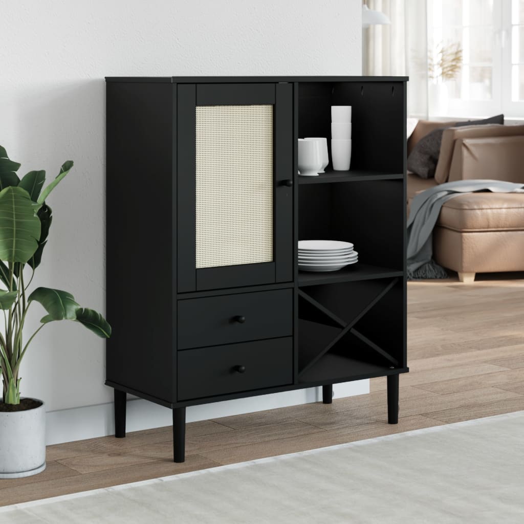 Highboard Senja Rattan-Optik Schwarz 90X40X112 Cm Kiefernholz - Fuer Daheim