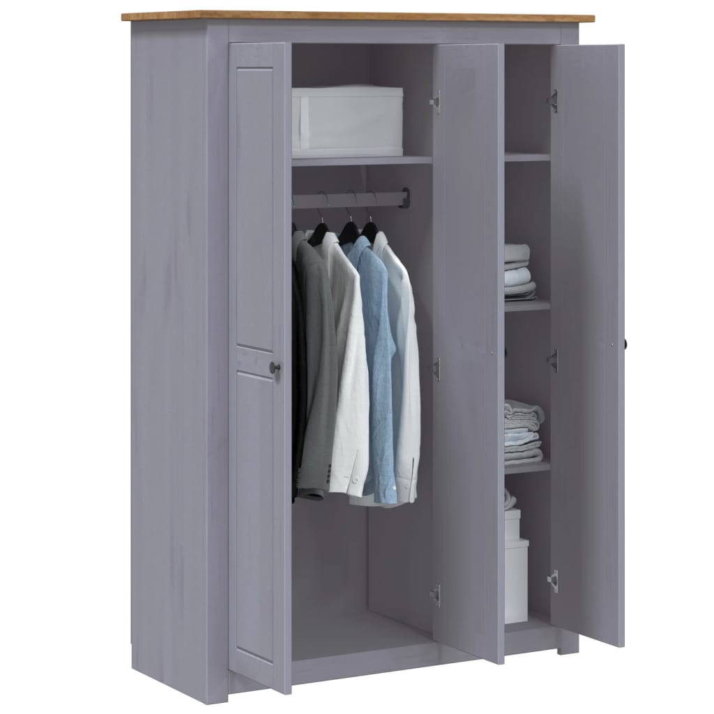 Kleiderschrank 3-Türig Grau 118×50×171,5 Cm Kiefer Panama Serie 118 x 50 x 171.5 cm - Fuer Daheim