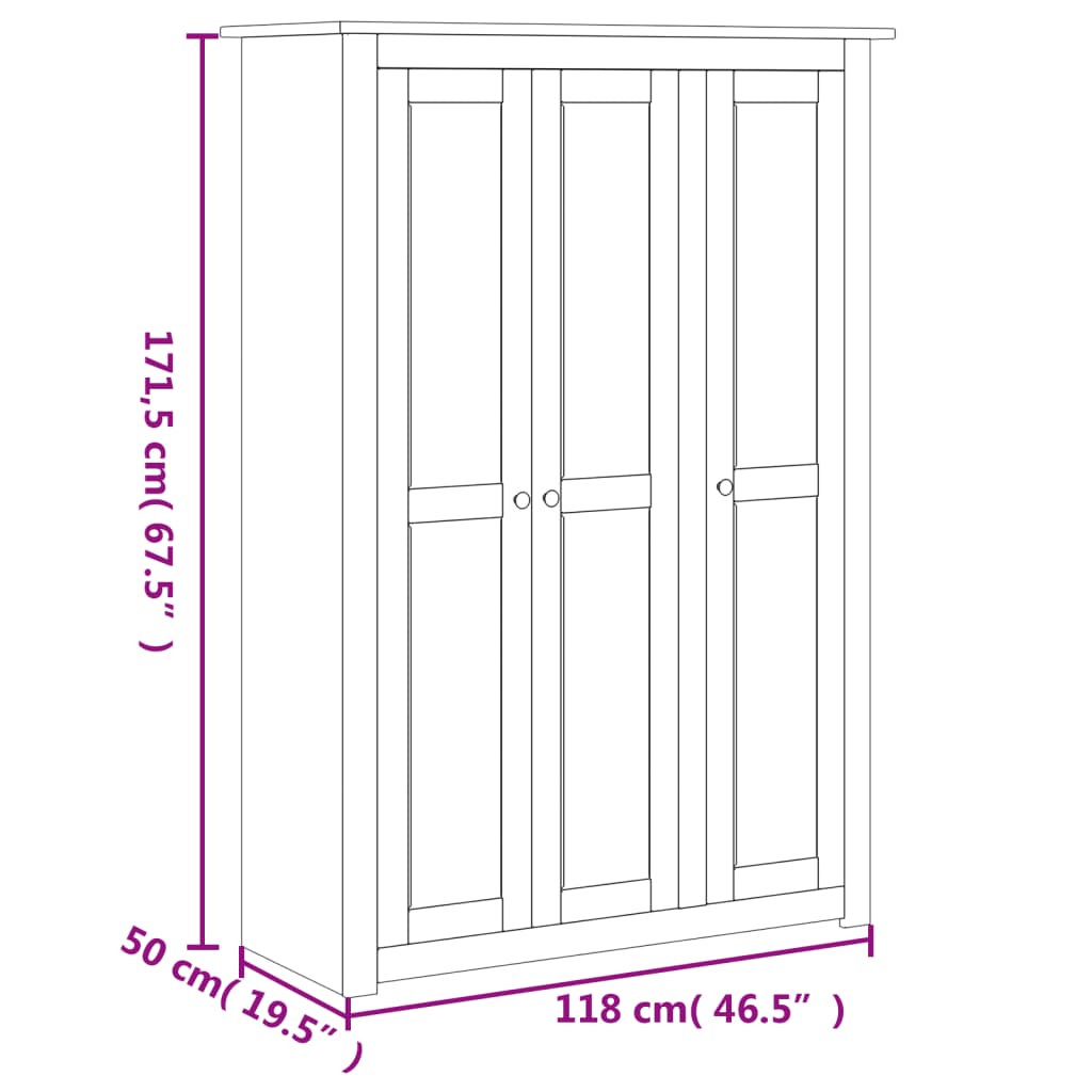 Kleiderschrank 3-Türig Grau 118×50×171,5 Cm Kiefer Panama Serie 118 x 50 x 171.5 cm - Fuer Daheim