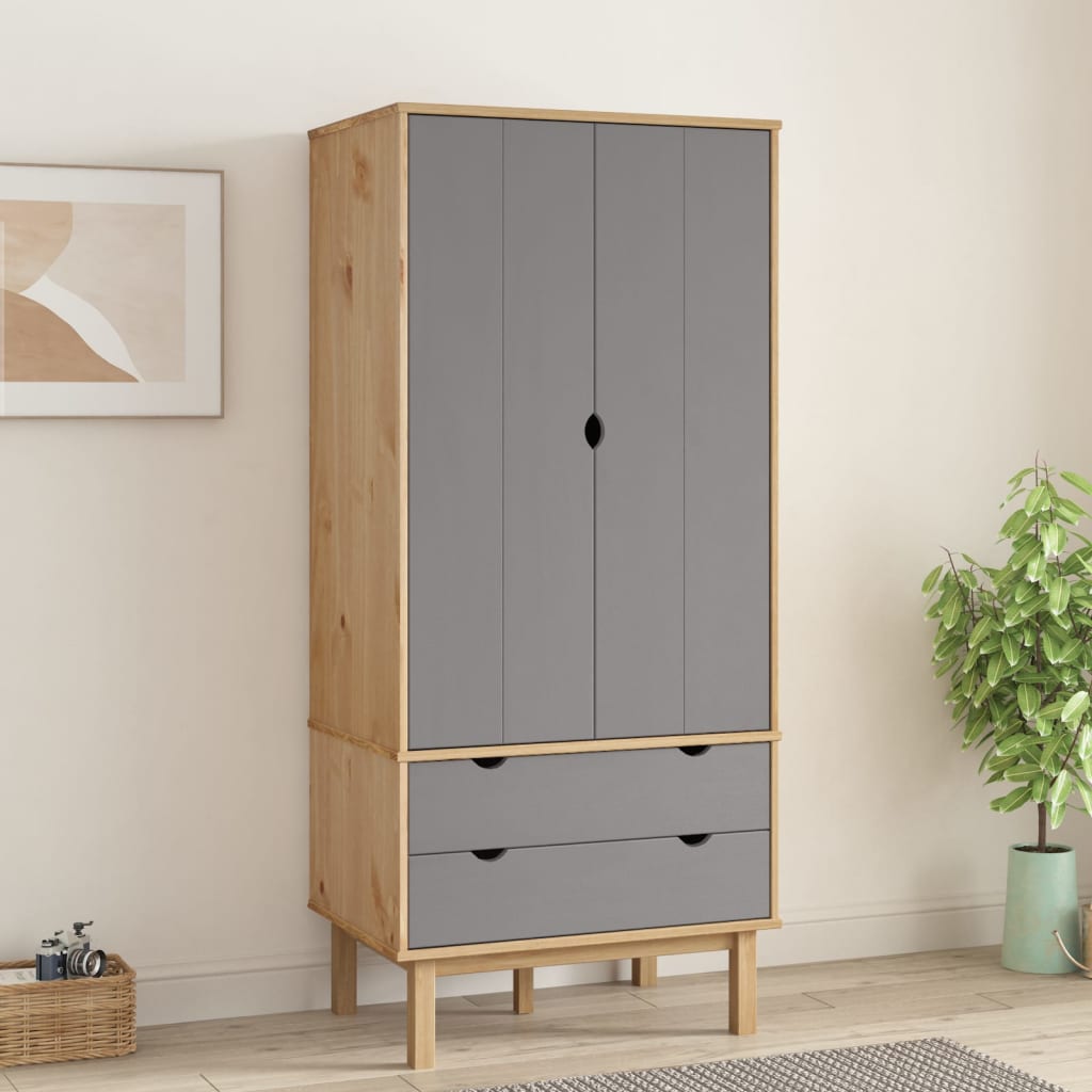 Kleiderschrank Otta Braun&Grau 76,5X53X172 Cm Massivholz Kiefer Braun und Grau - Fuer Daheim