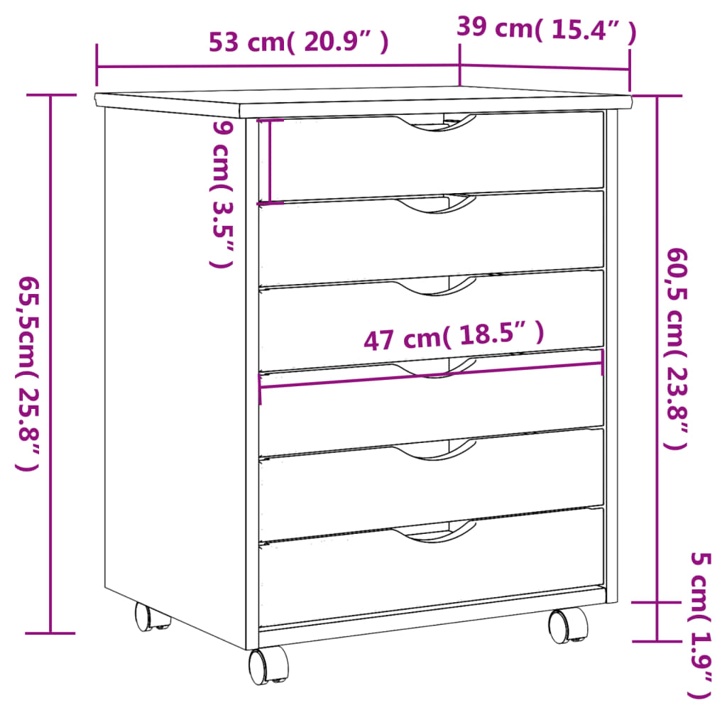 Rollschrank Mit Schubladen Moss Honigbraun Massivholz Kiefer 53 x 39 x 65.5 cm - Fuer Daheim