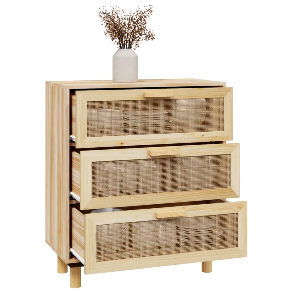 Sideboard Braun 60X30X70 Cm Massivholz Kiefer Und Natur-Rattan - Fuer Daheim