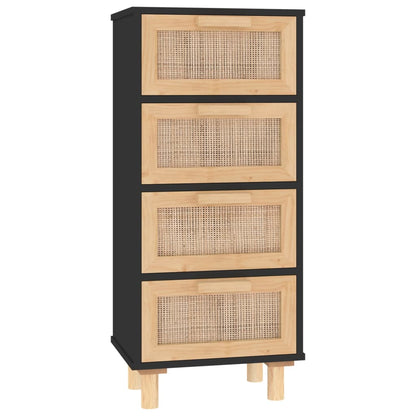 Sideboard Schwarz 40X30X90Cm Massivholz Kiefer Und Natur-Rattan - Fuer Daheim