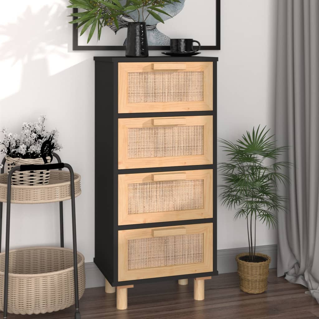 Sideboard Schwarz 40X30X90Cm Massivholz Kiefer Und Natur-Rattan - Fuer Daheim