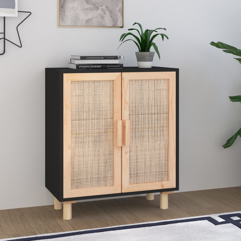 Sideboard Schwarz 60X30X70Cm Massivholz Kiefer Und Natur-Rattan - Fuer Daheim