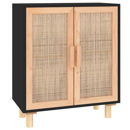 Sideboard Schwarz 60X30X70Cm Massivholz Kiefer Und Natur-Rattan - Fuer Daheim