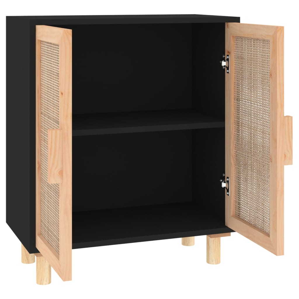 Sideboard Schwarz 60X30X70Cm Massivholz Kiefer Und Natur-Rattan - Fuer Daheim