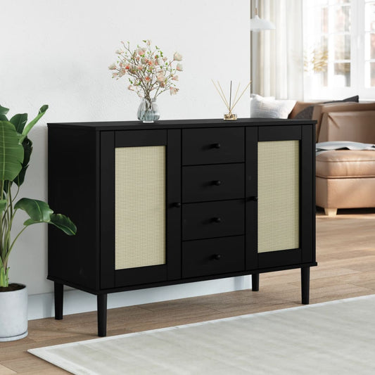 Sideboard Senja Rattan-Optik Schwarz 112X40X80 Cm Kiefernholz - Fuer Daheim