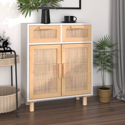 Sideboard Weiß 60X30X75 Cm Massivholz Kiefer Und Natur-Rattan - Fuer Daheim