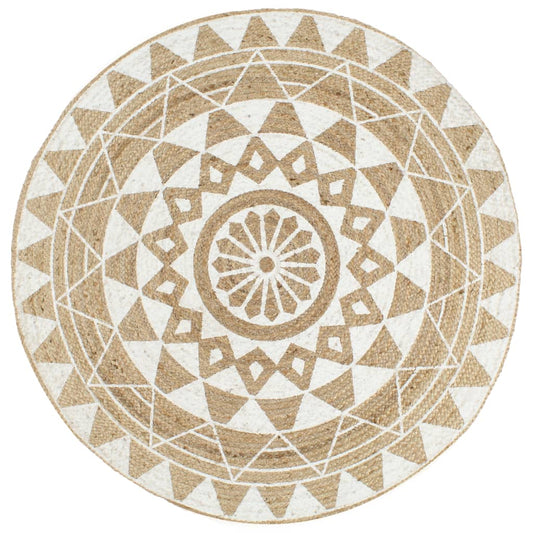 Teppich Handgefertigt Jute Mit Weißem Aufdruck 150 Cm Weiß Blumenmuster - Fuer Daheim