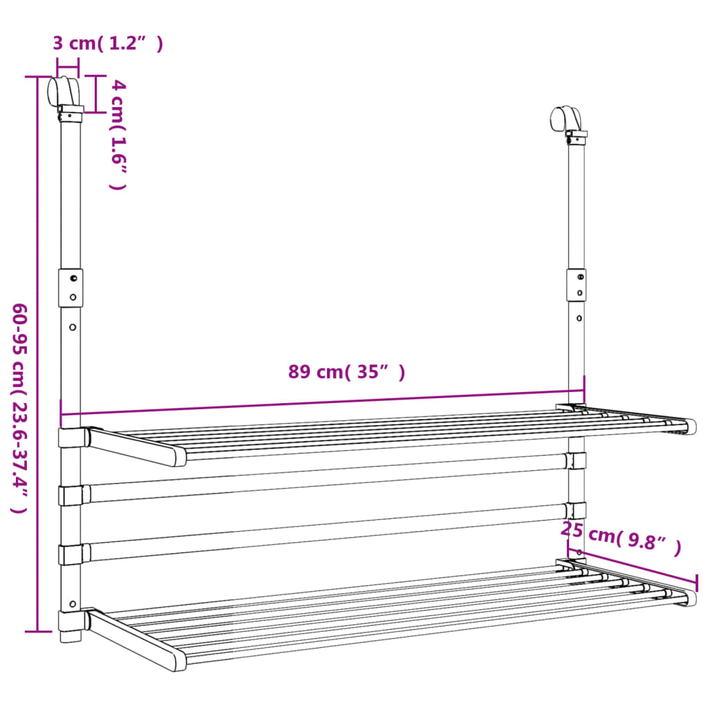 Wäschetrockner Für Balkon 89X25X(60-95) Cm Aluminium 89 x 25 x 95 cm - Fuer Daheim