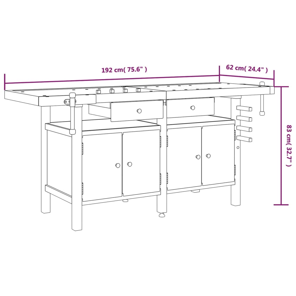 Werkbank Mit Schubladen Schraubstöcken 192X62X83 Cm Akazienholz mit Schrank - Fuer Daheim