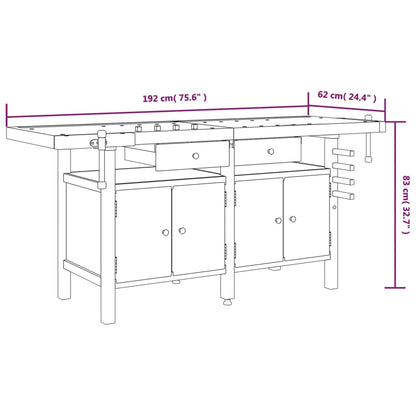 Werkbank Mit Schubladen Schraubstöcken 192X62X83 Cm Akazienholz mit Schrank - Fuer Daheim