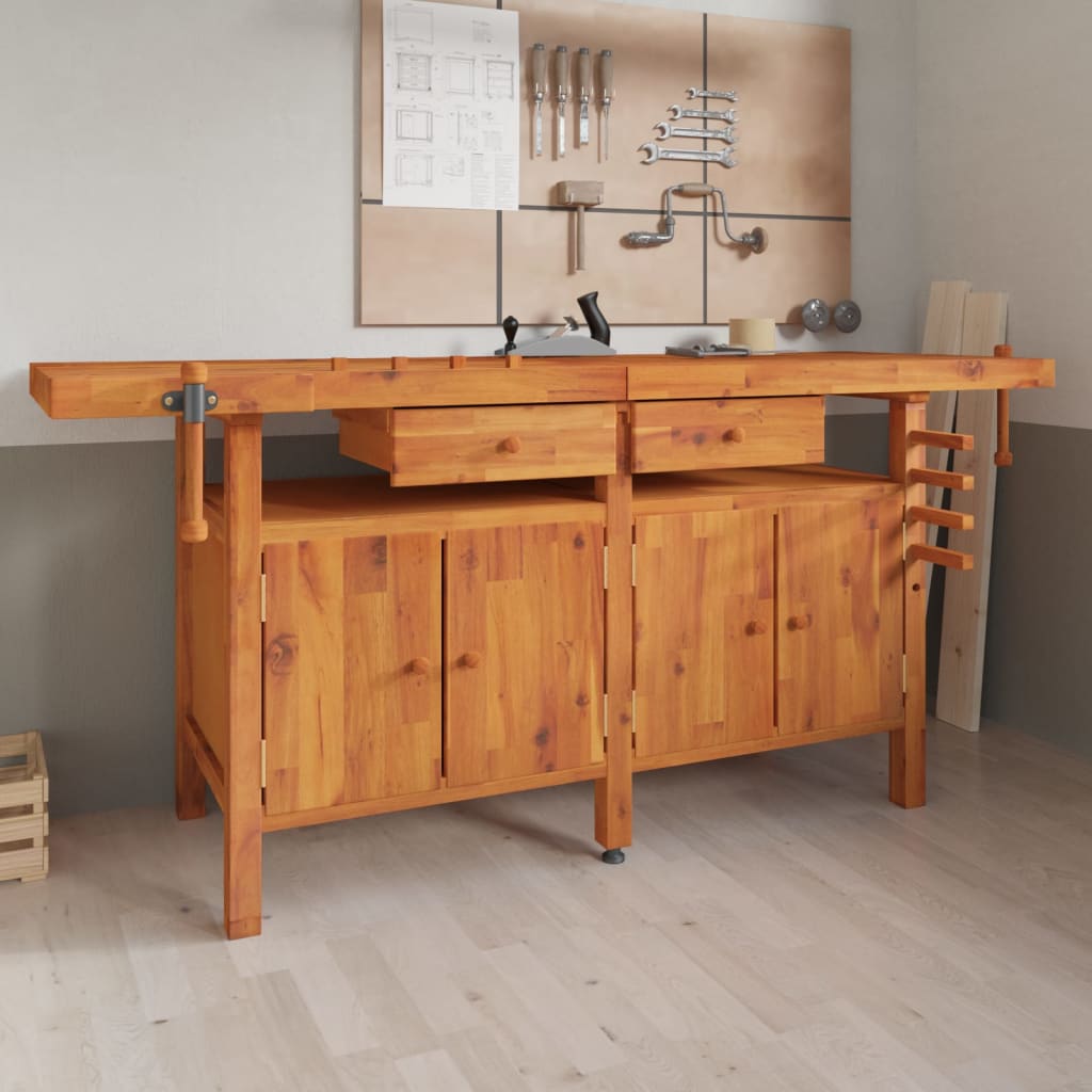 Werkbank Mit Schubladen Schraubstöcken 192X62X83 Cm Akazienholz mit Schrank - Fuer Daheim