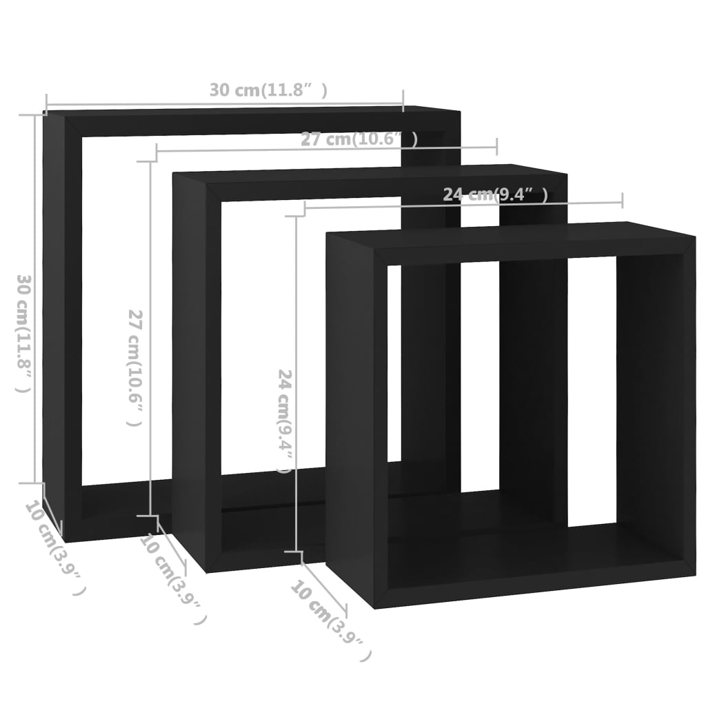 Würfelregale 3 Stk. Schwarz Mdf 30 x 10 x 30 cm - Fuer Daheim